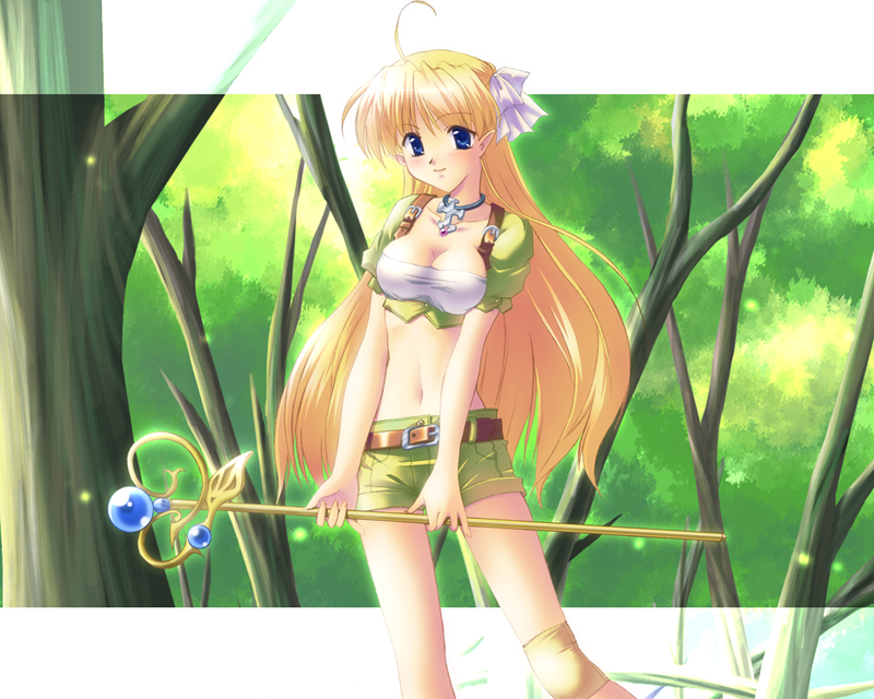 kurahashi mahoko, mahoko, original, 1girl, ahoge, blonde hair, blue eyes, breasts, choker, cleavage, fantasy, female focus, pointy ears, shorts, smile, solo, staff, tree