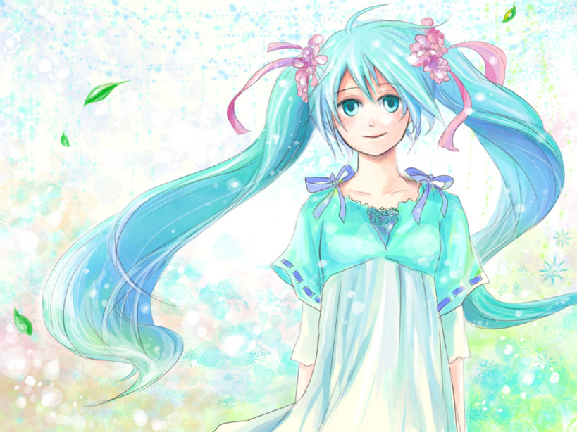 tiru (pixiv433990), hatsune miku, vocaloid, bad id, bad pixiv id, ahoge, aqua eyes, aqua hair, flower, hair ribbon, ribbon, twintails