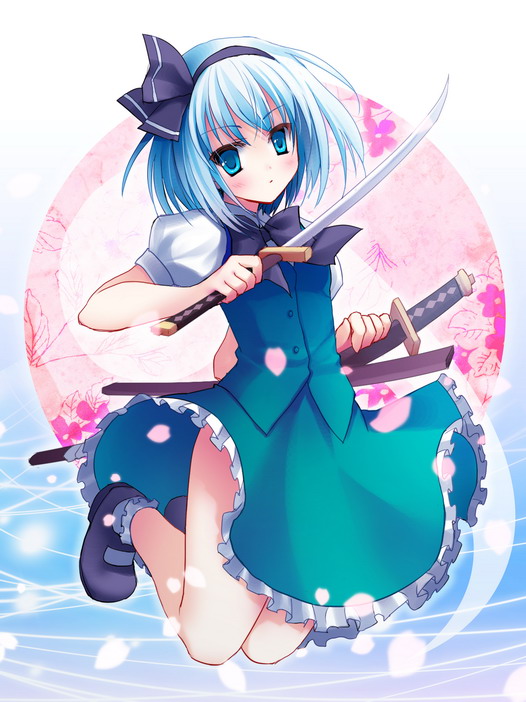 rie (reverie), konpaku youmu, konpaku youmu (ghost), touhou, bad id, bad pixiv id, 1girl, aqua eyes, blue eyes, blue hair, clothes lift, female focus, hairband, hitodama, jumping, katana, matching hair/eyes, petals, skirt, skirt lift, solo, sword, weapon
