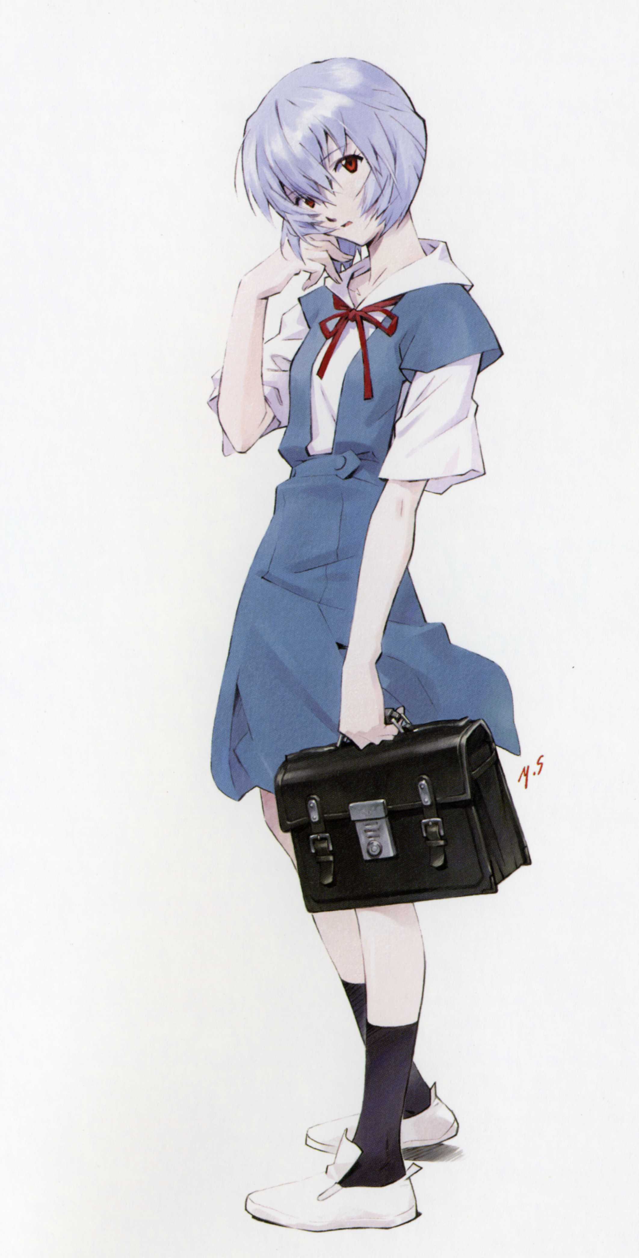 sadamoto yoshiyuki, ayanami rei, evangelion: 1.0 you are (not) alone, neon genesis evangelion, rebuild of evangelion, absurdres, highres, official art, scan, 00s, 1girl, bag, blue hair, female focus, full body, pale skin, red eyes, school bag, school uniform, shoes, short hair, simple background, skirt, socks, solo, white shoes