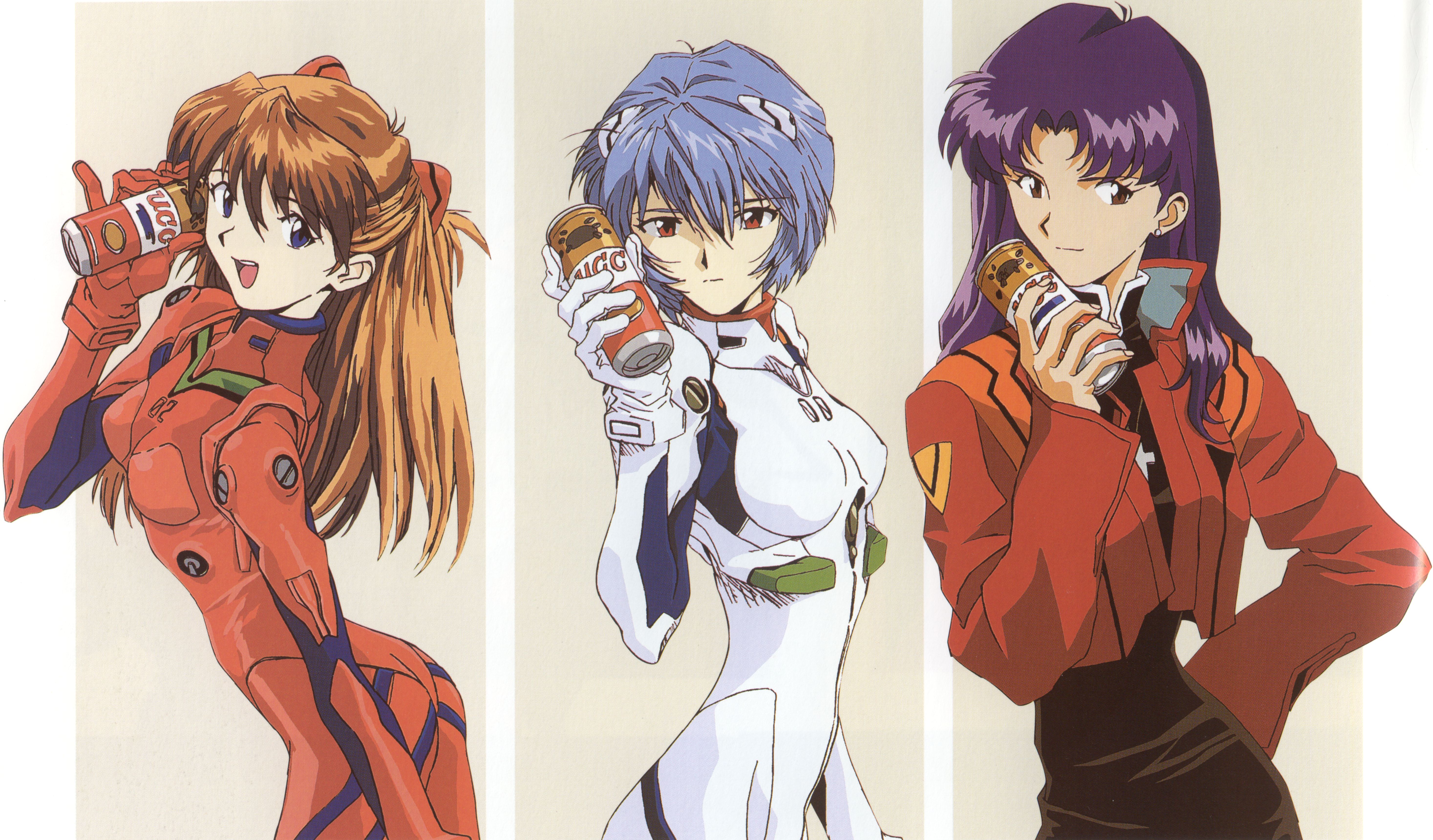ayanami rei, katsuragi misato, souryuu asuka langley, neon genesis evangelion, ucc coffee, uniform, absurdres, highres, official art, scan, 3girls, :d, age difference, ass, black dress, blue eyes, blue hair, bodysuit, bracer, breasts, brown eyes, brown hair, can, canned coffee, coffee, column lineup, cowboy shot, cropped jacket, cross, cross necklace, dress, drink can, earrings, expressionless, from side, gloves, grey background, hair between eyes, hair ornament, hand on own hip, holding, jacket, jewelry, leaning forward, long hair, long sleeves, mecha pilot suit, multiple girls, necklace, open clothes, open jacket, open mouth, parted bangs, pinky out, plugsuit (evangelion), product placement, purple hair, red eyes, red hair, short hair, simple background, skinny, small breasts, smile, turtleneck, twintails, two side up