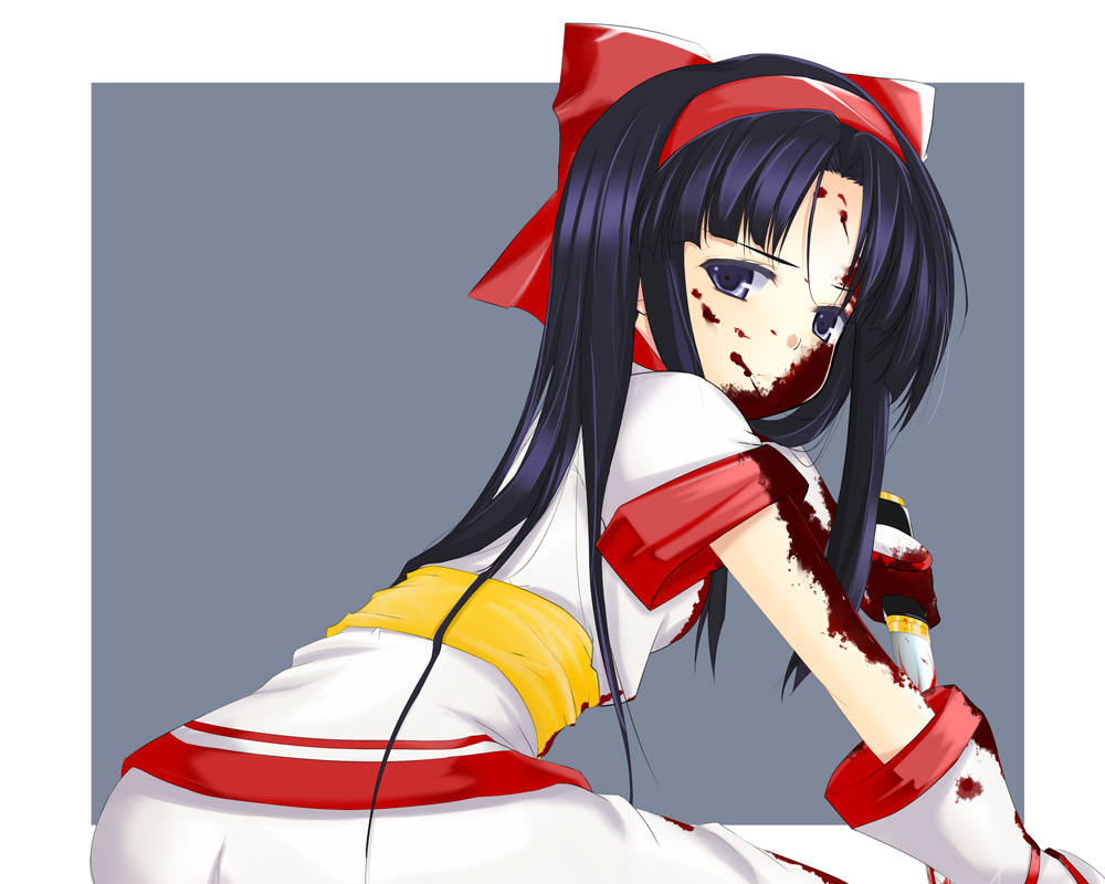 ichinose yuu, nakoruru, samurai spirits, snk, 1girl, ass, blood, blouse, blue eyes, blue hair, bow, breasts, female focus, gloves, hair bow, hairband, japanese clothes, long hair, looking back, matching hair/eyes, red bow, ribbon, serious, shirt, small breasts, solo, sword, weapon