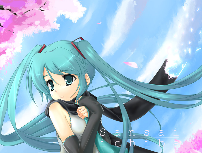 ichinose yuu, hatsune miku, vocaloid, blouse, blue eyes, blue hair, cherry blossoms, detached sleeves, hair ornament, necktie, scarf, shirt, sleeveless, solo, standing, twintails
