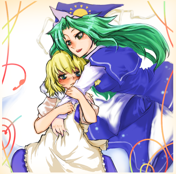 shiro (artist), shiro (hakukosui), alice margatroid, mima (touhou), touhou, touhou (pc-98), 2girls, blonde hair, blue eyes, female focus, green eyes, green hair, hat, hug, long hair, multiple girls, short hair, wizard hat