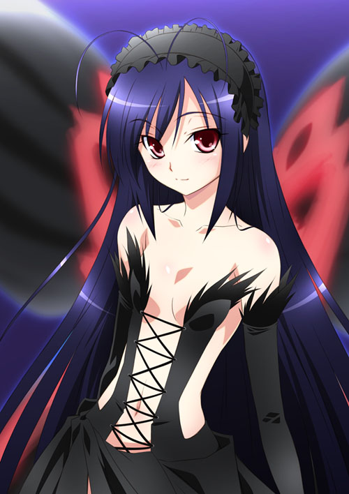 izumi mahiru, kuroyukihime, accel world, 10s, 1girl, antenna hair, bare shoulders, blue hair, breasts, butterfly wings, collarbone, detached sleeves, elbow gloves, female focus, flat chest, gloves, hairband, insect wings, lolita hairband, looking at viewer, navel, red eyes, small breasts, smile, solo, wings