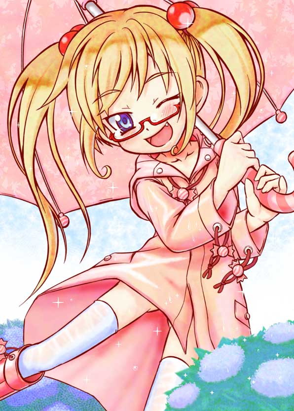 matsuoka juuzou, 1girl, blonde hair, blue eyes, boots, child, fang, female focus, flower, glasses, hair bobbles, hair ornament, hydrangea, long hair, naked raincoat, no panties, one eye closed, raincoat, red-framed eyewear, solo, thighhighs, twintails, umbrella, wink