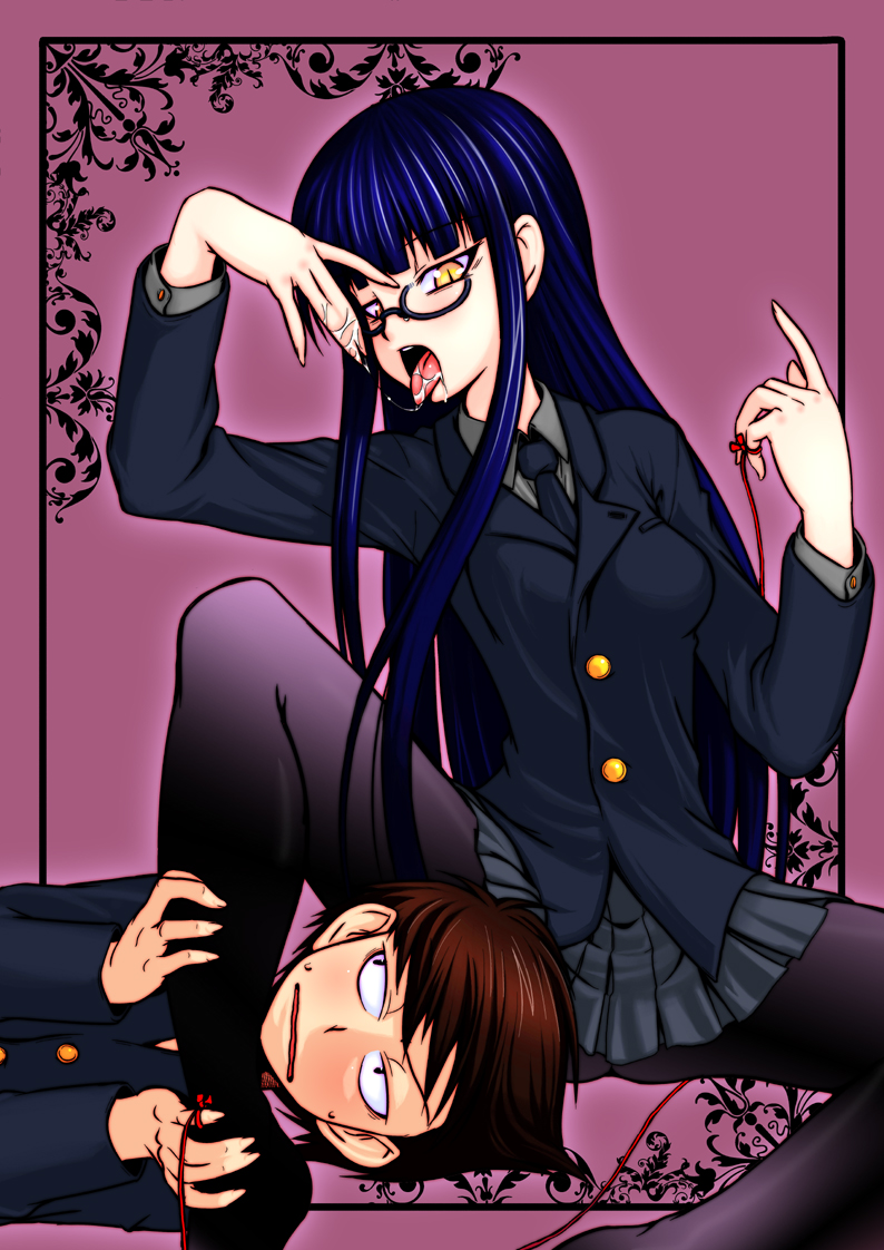 matsuoka juuzou, female protagonist (houkago play), male protagonist (houkago play), houkago play, 1boy, 1girl, blue hair, blunt bangs, brown hair, glasses, hime cut, licking, licking finger, long hair, necktie, pantyhose, saliva, school uniform, skirt, slit pupils, string, tongue, very long hair, yellow eyes