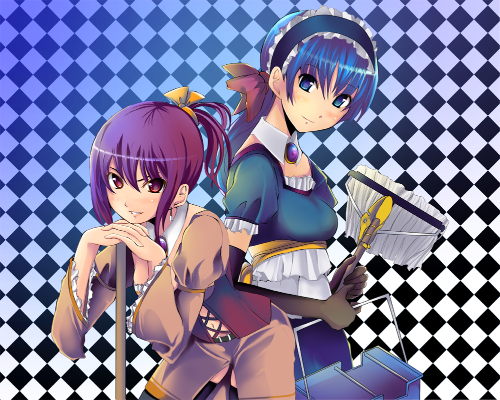 riochan, original, blue eyes, blue hair, dress, earrings, elbow gloves, gloves, grin, jewelry, long hair, maid, maid headdress, mop, navel, ponytail, purple eyes, purple hair, skirt, smile, thighhighs