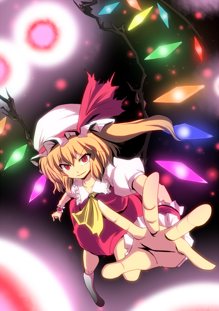 suna (sunaipu), sunaipu, flandre scarlet, touhou, 1girl, blonde hair, danmaku, female focus, foreshortening, hat, outstretched arm, outstretched hand, red eyes, serious, side ponytail, solo, wings, wrist cuffs