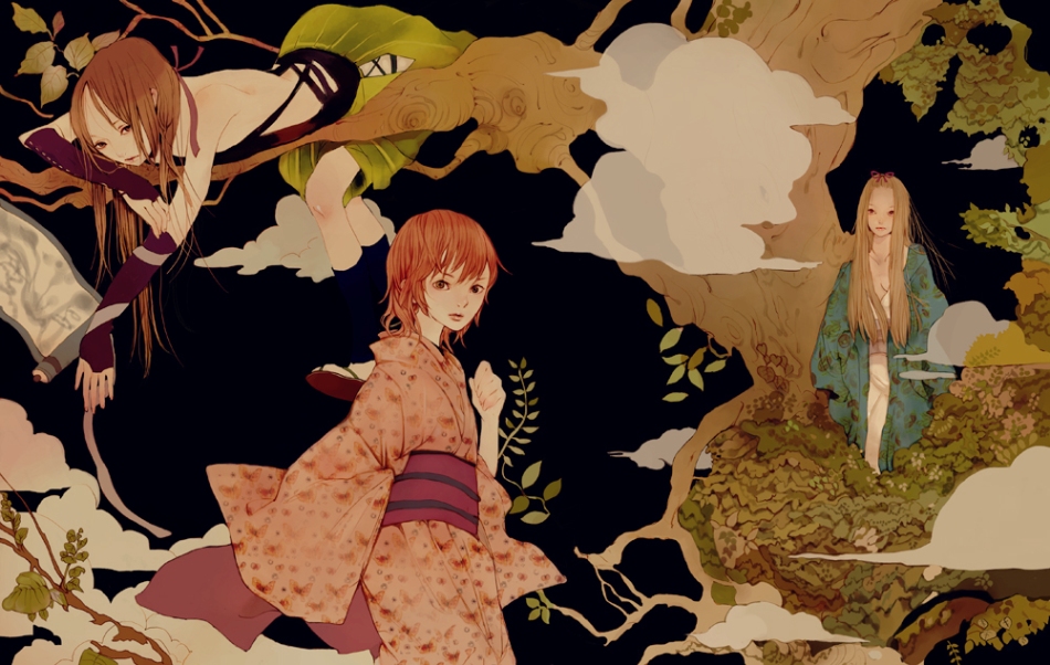 nogaru wako, original, 3girls, blonde hair, bridal gauntlets, brown hair, cloud, hair ribbon, japanese clothes, kimono, long hair, multiple girls, red hair, ribbon, short hair, skirt, tree