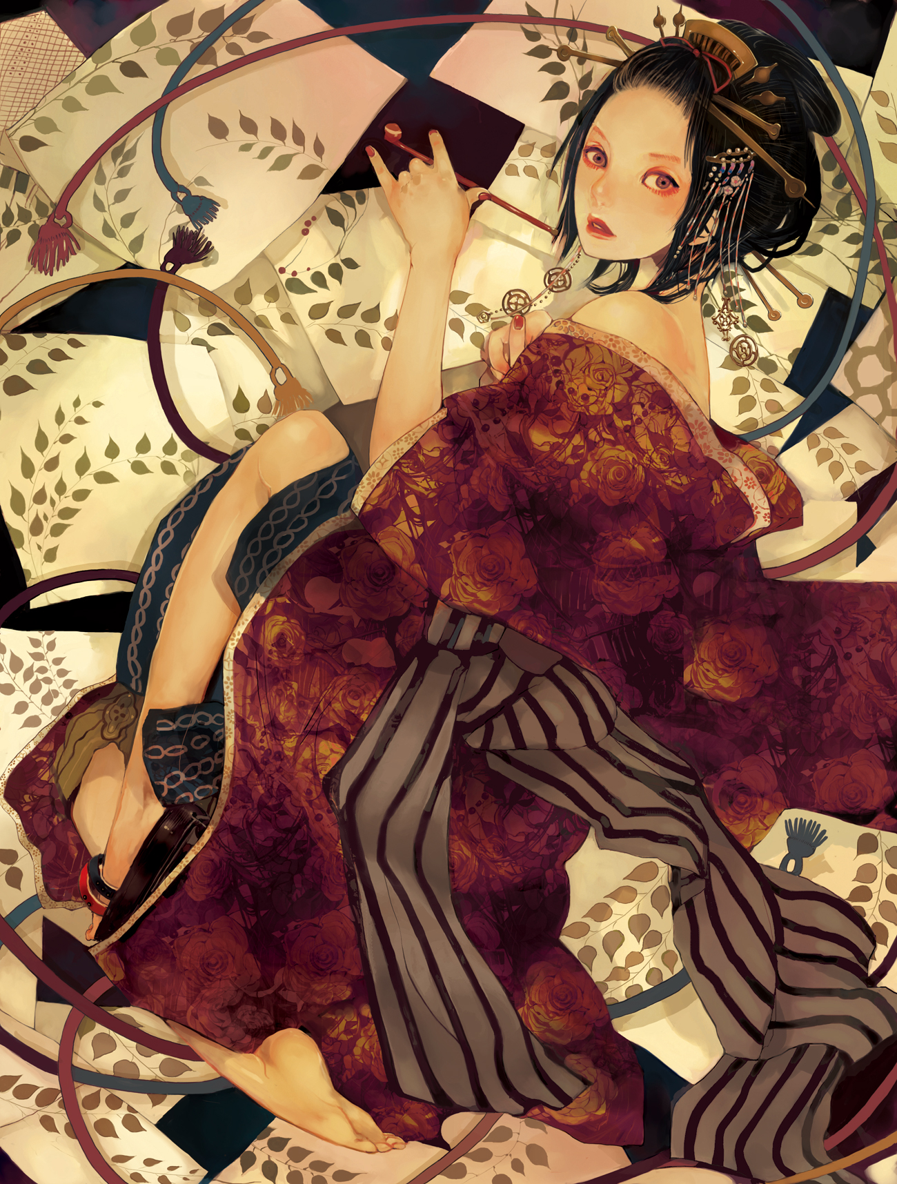 nogaru wako, original, highres, 1girl, bare shoulders, barefoot, black hair, female focus, floral print, geisha, hair up, headdress, japanese clothes, kimono, kiseru, nail polish, oiran, pinky out, purple eyes, red nails, shoes, single shoe, smoking pipe, solo