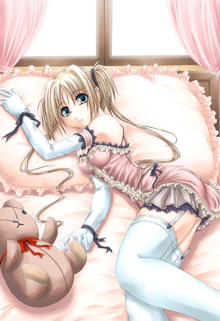 teku (2nd escape), original, 1girl, bed, blonde hair, blue eyes, elbow gloves, female focus, frilled pillow, frills, garter belt, gloves, lying, pillow, solo, stuffed animal, stuffed toy, teddy bear, thighhighs, twintails, window