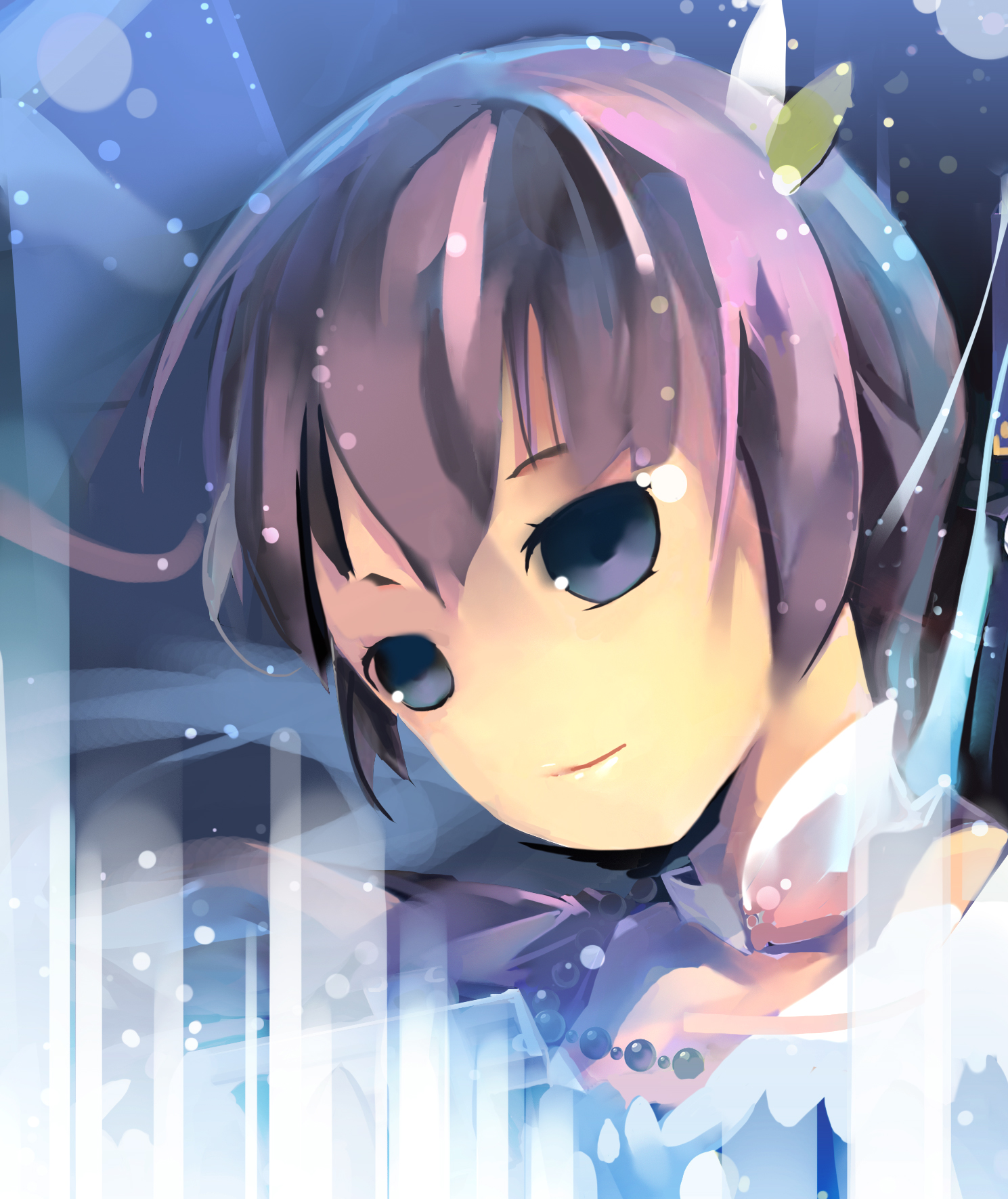 dan evan, maria loco, kimi ga yobu megiddo no oka de, bad id, bad pixiv id, highres, 1girl, blue eyes, female focus, jewelry, necklace, purple hair, short hair, smile, snow, solo