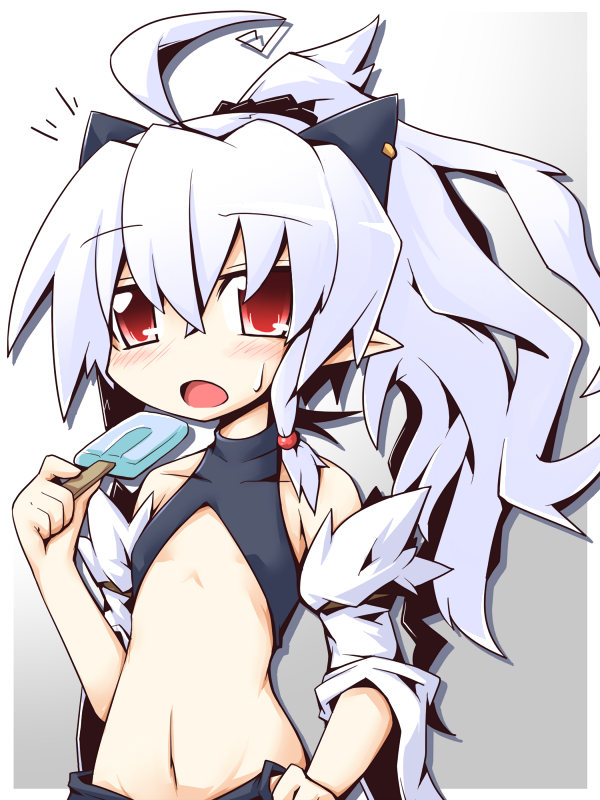 reku, shiroko (character), shiroko (reku), original, silver hair, 1girl, child, female focus, food, horns, ice cream, long hair, midriff, pointy ears, popsicle, red eyes, solo