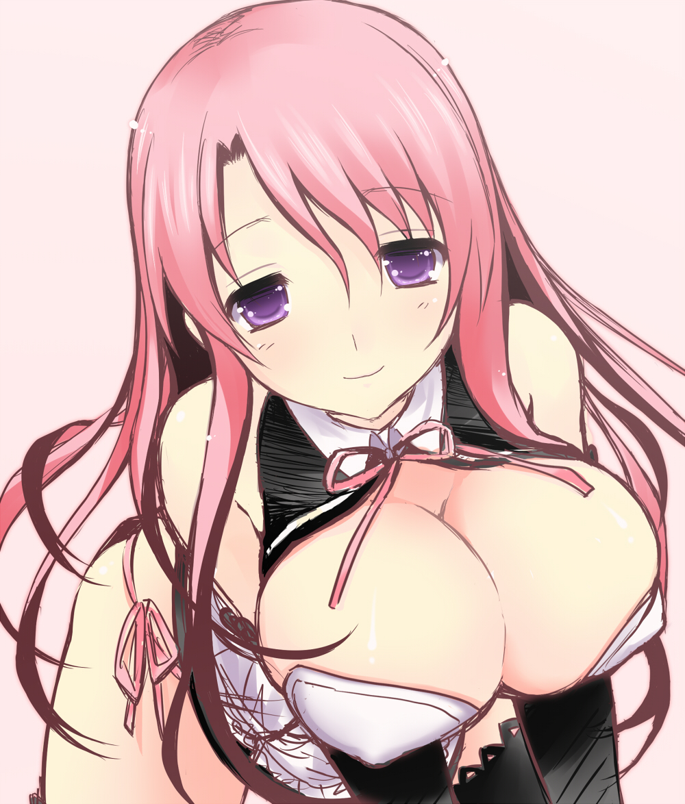 makita maki, rui (dream c club), dream c club, dream c club (series), bad id, bad pixiv id, 1girl, breasts, cleavage, female focus, large breasts, long hair, panties, pink hair, purple eyes, ribbon, side-tie panties, sketch, smile, solo, underwear