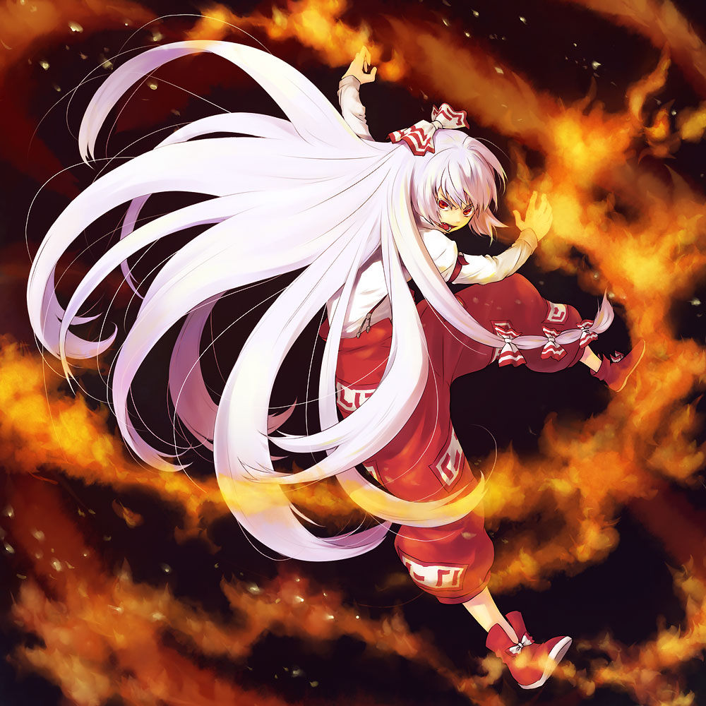 kinuko, kinuko (artist), tomobe kinuko, fujiwara no mokou, touhou, silver hair, 1girl, angry, bow, female focus, fire, hair ribbon, long hair, open mouth, red eyes, ribbon, solo, very long hair