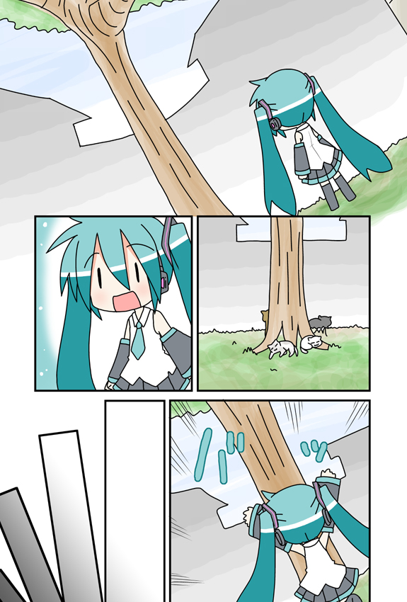 minami (colorful palette), chibi miku, hatsune miku, vocaloid, cat, chibi, comic, silent comic, tree, twintails, | |