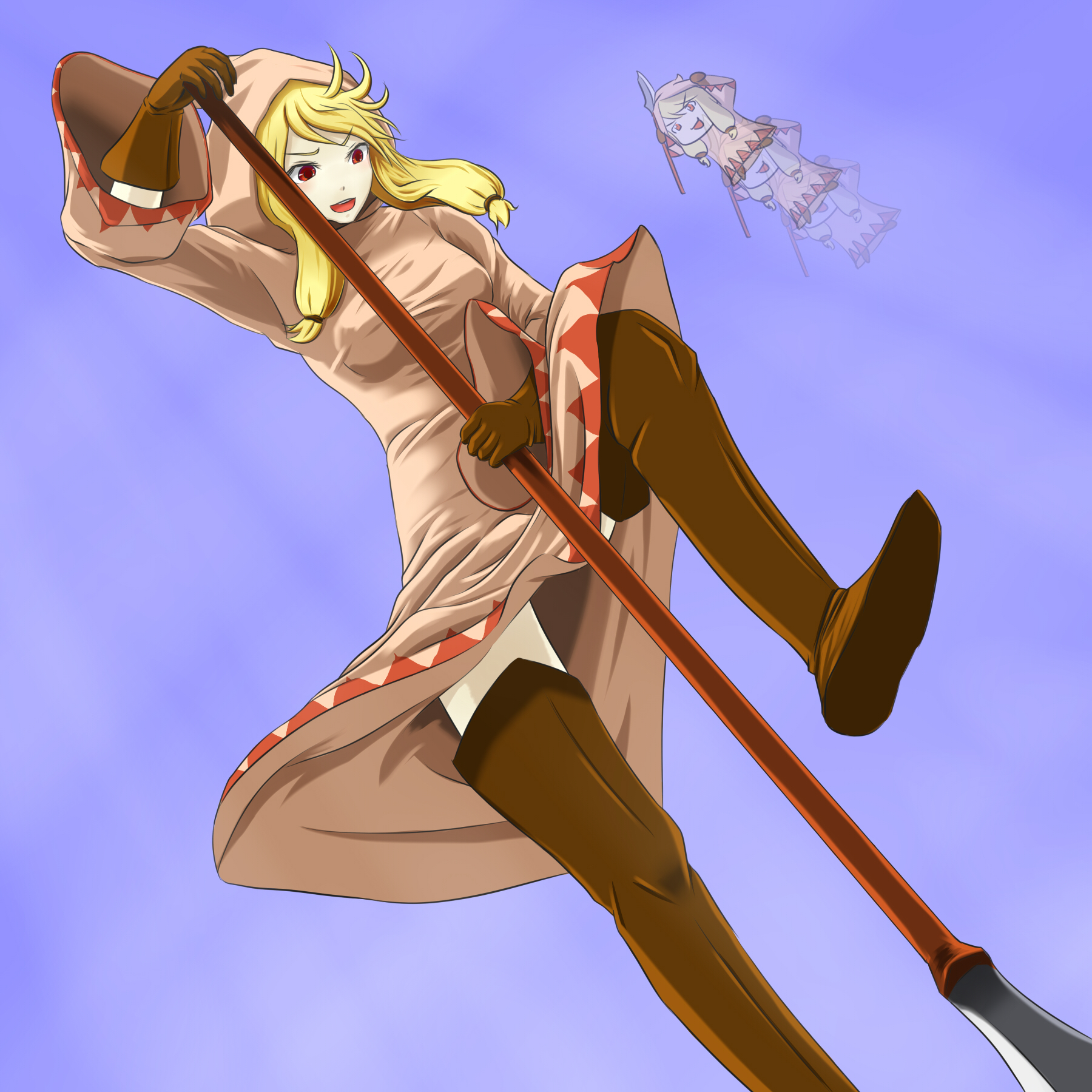 habusi, white mage (fft), white mage (final fantasy), final fantasy, final fantasy tactics, final fantasy tactics: hakuma doushi shibari, white mage, highres, 1girl, blonde hair, boots, gloves, hood, jumping, long hair, polearm, red eyes, robe, spear, thigh boots, thighhighs, weapon