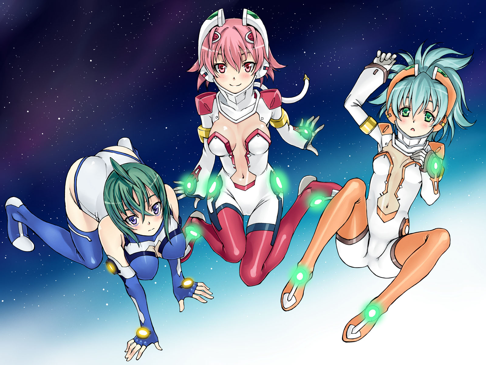 satou atsuki, kannagi itsuki, kawai honoka, shishidou akiha, sora wo kakeru shoujo, highres, 00s, 3girls, all fours, blush, bodysuit, breasts, lying, medium breasts, multiple girls, on back, sitting, space, star (symbol), thighhighs