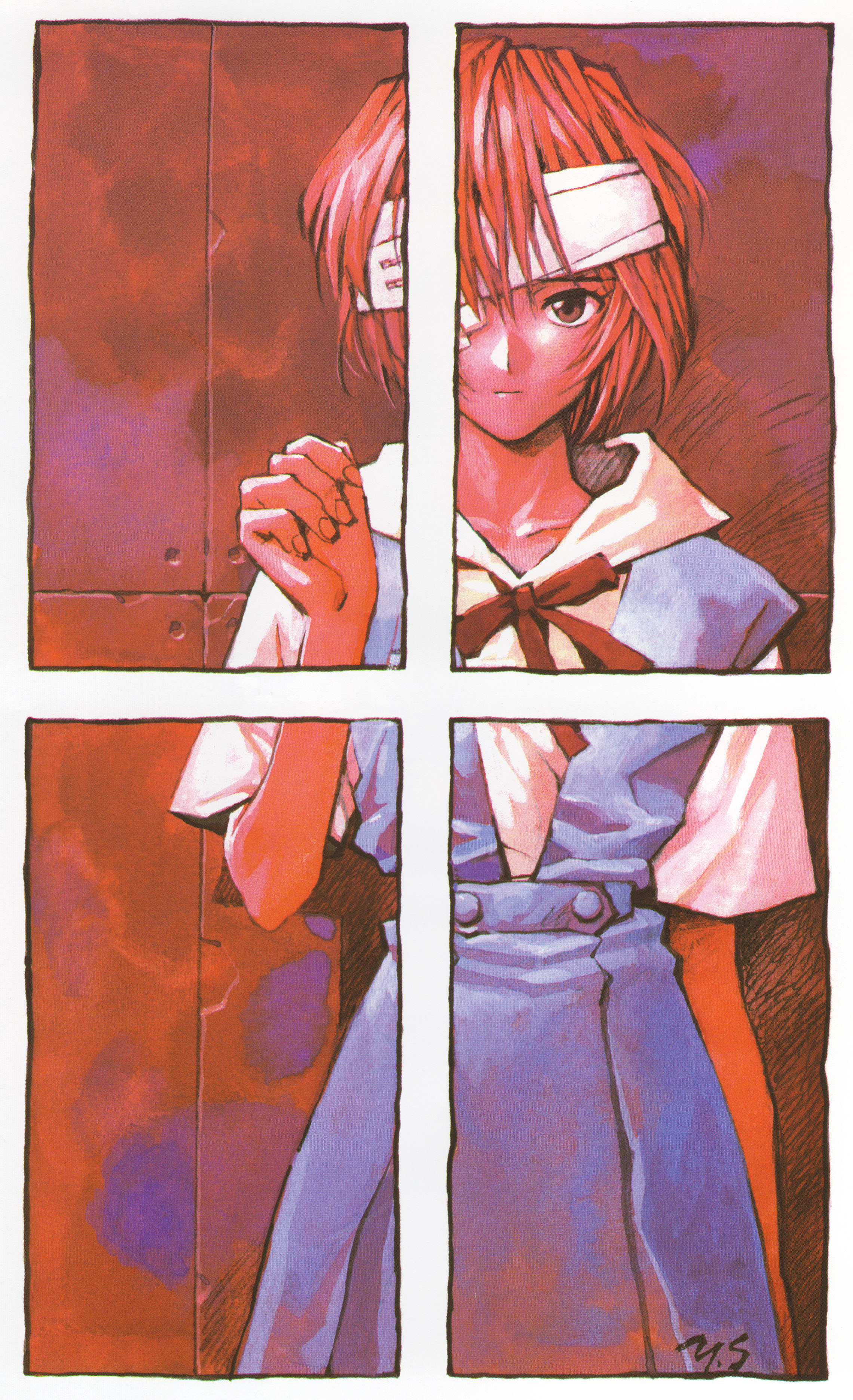 sadamoto yoshiyuki, ayanami rei, neon genesis evangelion, absurdres, cleaned, highres, official art, scan, bandage over one eye, bandages, blouse, collared shirt, cowboy shot, school uniform, shirt, short hair, solo, white shirt