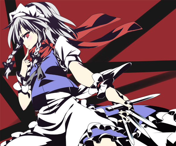 subachi, izayoi sakuya, touhou, silver hair, bad id, bad pixiv id, 1girl, braid, female focus, finger to mouth, headdress, high contrast, knife, maid, profile, red eyes, red scarf, scarf, short hair, solo, throwing knife, twin braids, weapon, wrist cuffs