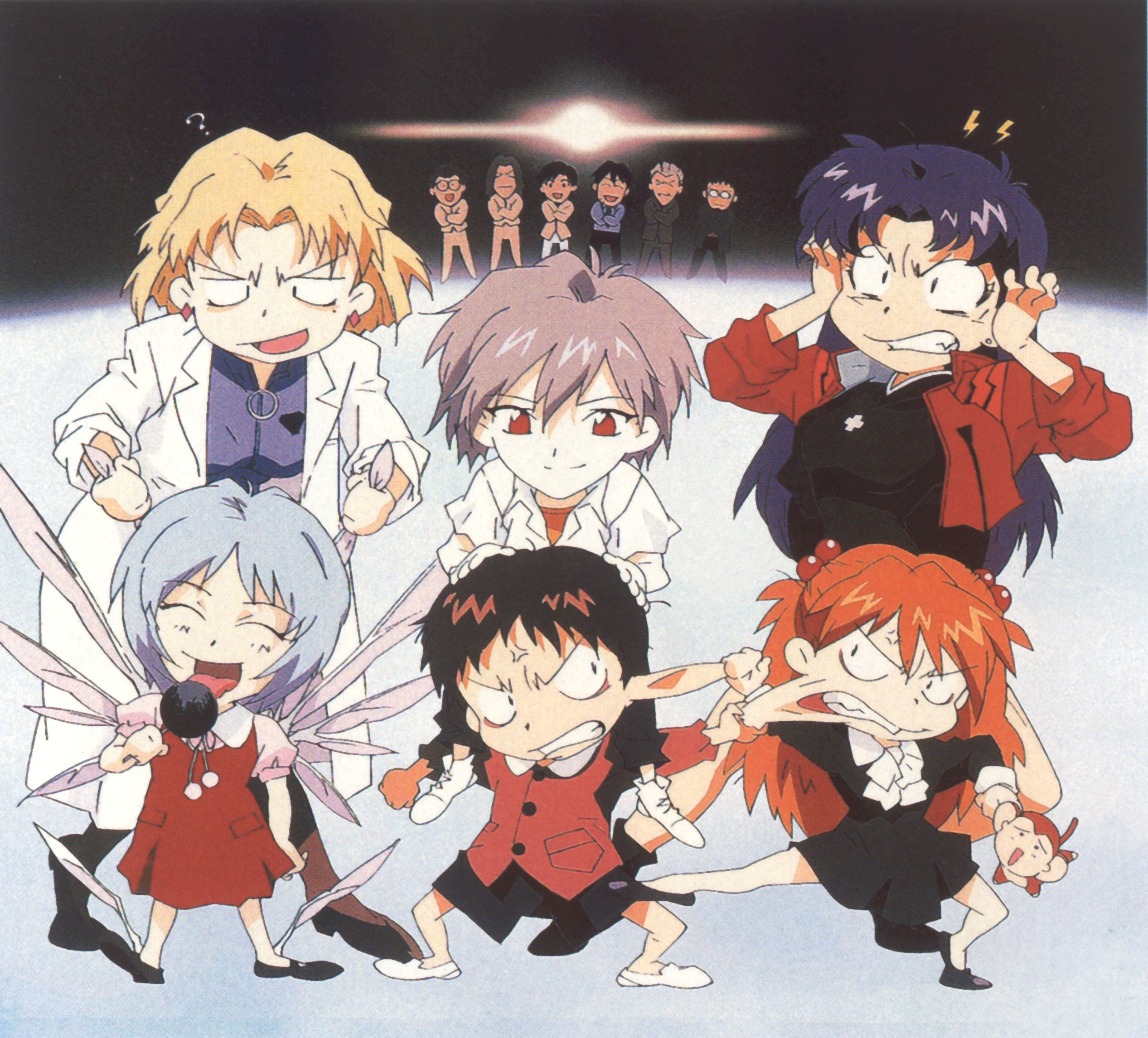 akagi ritsuko, aoba shigeru, ayanami rei, fuyutsuki kouzou, hyuuga makoto, ibuki maya, ikari gendou, ikari shinji, kaji ryouji, katsuragi misato, nagisa kaworu, souryuu asuka langley, neon genesis evangelion, uniform, cleaned, highres, official art, scan, 5girls, 6+boys, ?, aged down, angry, blonde hair, brown hair, cheek pinching, chibi, child, grabbing another's ear, hand on another's ear, happy, lab coat, mole, mole under eye, multiple boys, multiple girls, pantyhose, pinching, purple hair, short hair, time paradox, twintails, what, wings