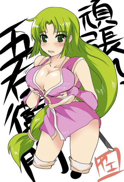 mugi no yae, ririfu, yae (ganbare goemon), ganbare goemon, 1girl, blush, breasts, breasts squeezed together, cleavage, cropped legs, female focus, fingerless gloves, gloves, grabbing another's breast, green eyes, green hair, groping, huge breasts, long hair, matching hair/eyes, ponytail, solo, very long hair