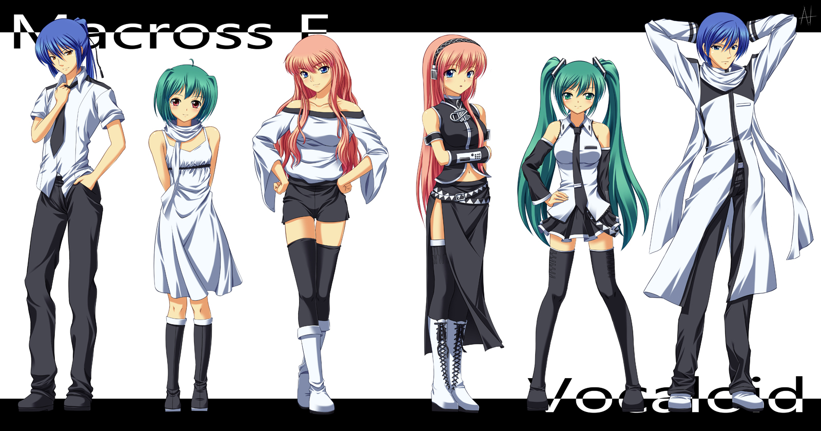 athrun1120, hatsune miku, kaito (vocaloid), megurine luka, ranka lee, saotome alto, sheryl nome, macross, macross frontier, vocaloid, bad id, bad pixiv id, highres, 00s, 2boys, 4girls, bare shoulders, blue eyes, blue hair, boots, brown eyes, detached sleeves, dress, green eyes, green hair, headset, long hair, look-alike, multiple boys, multiple girls, pink hair, ponytail, scarf, shorts, skirt, smile, thighhighs, twintails, very long hair, zettai ryouiki