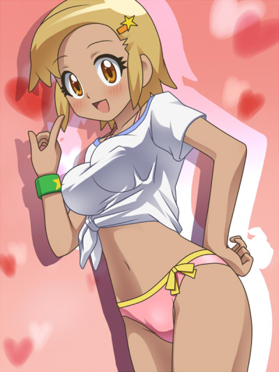 awa, angol mois, keroro gunsou, 1girl, bikini, bikini bottom only, blonde hair, blush, breasts, brown eyes, collarbone, covered erect nipples, cowboy shot, dark-skinned female, dark skin, female focus, gyaru, hair ornament, hairclip, hairpin, hand on own hip, heart, heart background, impossible clothes, impossible shirt, index finger raised, kogal, large breasts, midriff, navel, open mouth, pink background, pink bikini, shirt, short sleeves, smile, solo, star (symbol), star hair ornament, swimsuit, t-shirt, tied shirt, white shirt, wristband