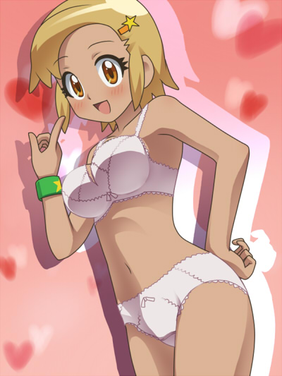 awa, angol mois, keroro gunsou, 1girl, blonde hair, bra, dark-skinned female, dark skin, female focus, gyaru, hair ornament, hairpin, hand on own hip, kogal, lingerie, panties, pink bra, pink panties, solo, underwear, underwear only, yellow eyes