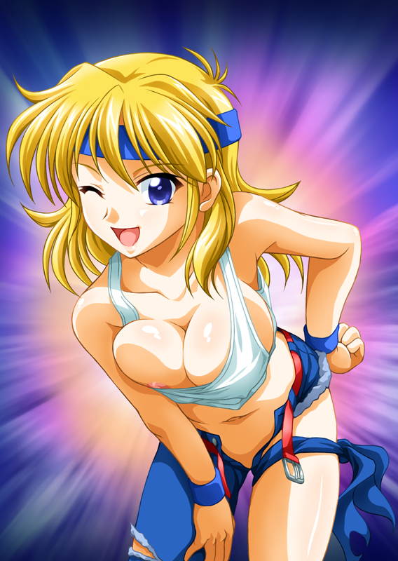 majin go!, lune zoldark, banpresto, super robot wars, super robot wars original generation, super robot wars the lord of elemental, 1girl, areola slip, asymmetrical clothes, bandana, bare shoulders, belt, blonde hair, blue eyes, breasts, cleavage, cutoffs, denim, female focus, headband, jeans, large breasts, navel, nipple slip, nipples, no bra, one eye closed, pants, single pantsleg, solo, tank top, torn clothes, torn jeans, torn pants, unzipped, wink, wristband