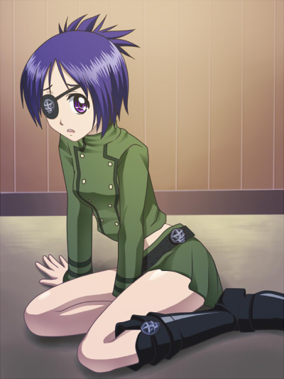 awa, chrome dokuro, katekyo hitman reborn!, 00s, 1girl, boots, eyepatch, female focus, green skirt, kneeling, long sleeves, midriff peek, miniskirt, on floor, parted lips, purple eyes, purple hair, sitting, skirt, solo