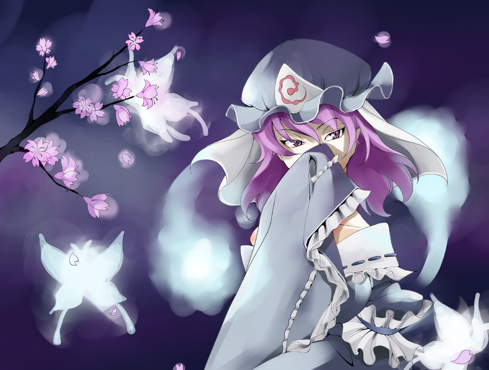 taiyaki a, saigyouji yuyuko, touhou, 1girl, bug, butterfly, cherry blossoms, covering face, covering privates, female focus, hat, hitodama, insect, japanese clothes, long sleeves, petals, purple eyes, purple hair, short hair, sleeves past wrists, solo, tree, tsurime