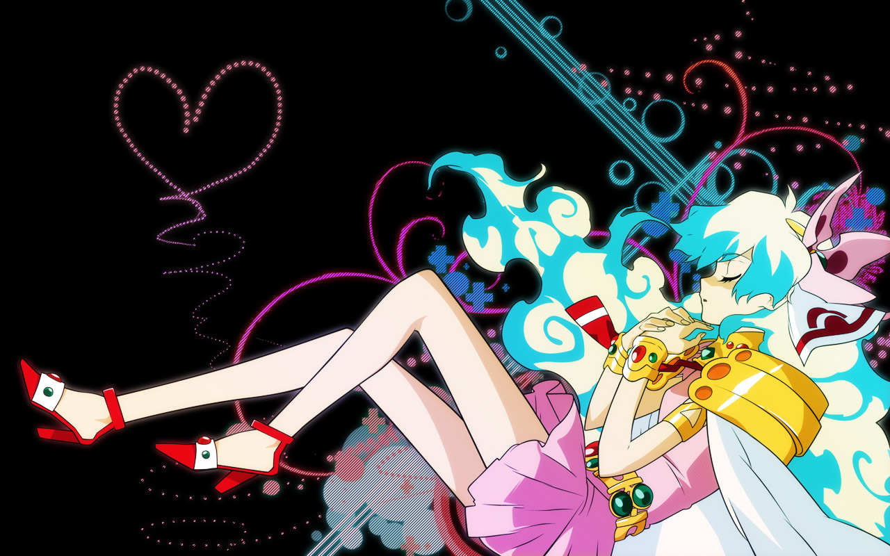 nia teppelin, tengen toppa gurren lagann, 00s, armlet, bracelet, closed eyes, dress, flower, hair flower, hair ornament, heart, high heels, jewelry, long hair, multicolored hair, pink dress, shoes, solo