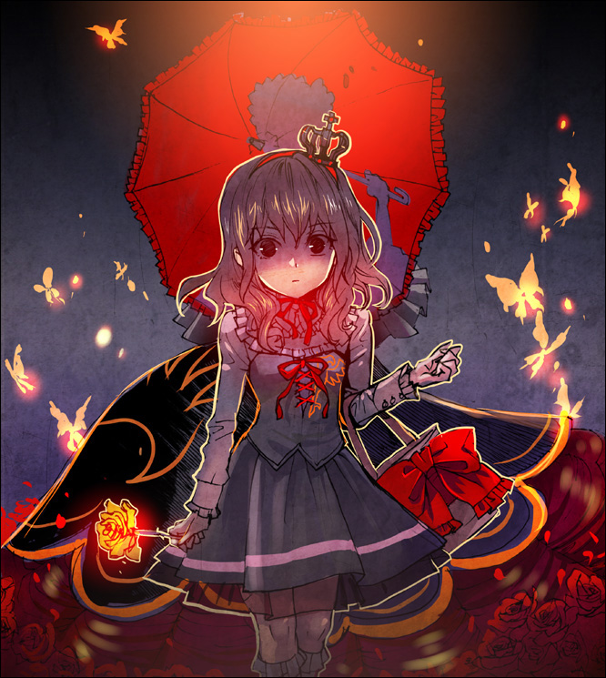 agasang, beatrice (umineko), ushiromiya maria, umineko no naku koro ni, 00s, 2girls, bag, brown hair, bug, butterfly, crown, dress, elbow carry, flower, handbag, insect, multiple girls, ribbon, rose, short hair, umbrella