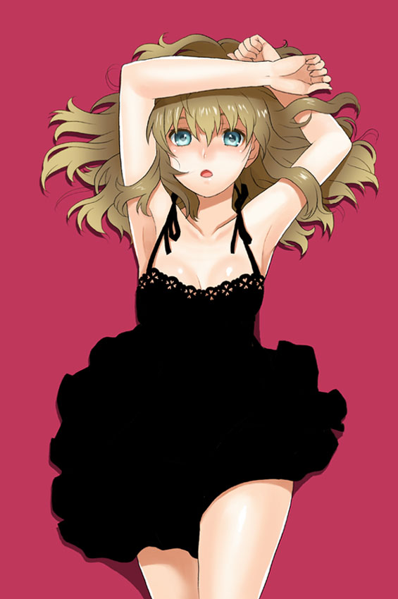 mattaku mousuke, armpits, blue eyes, brown hair, dress, long hair, lying, red background, simple background, solo