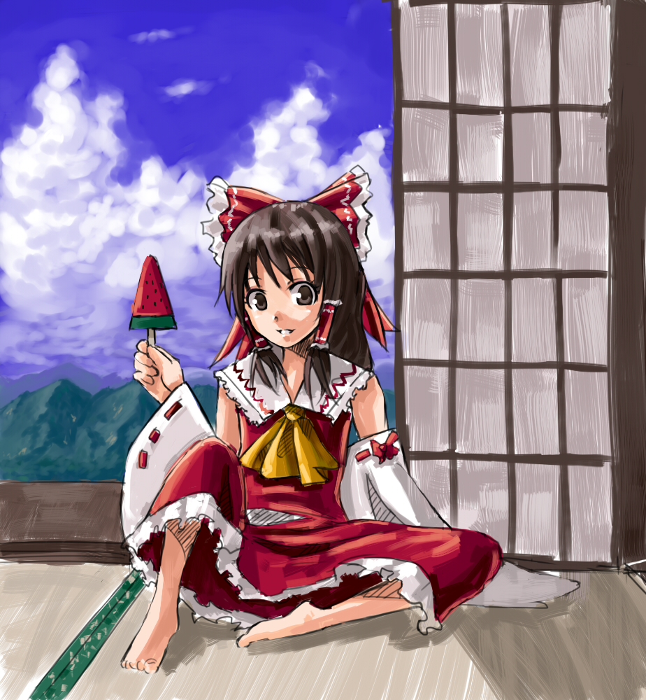 bokuden, hakurei reimu, touhou, 1girl, barefoot, brown hair, cloud, day, detached sleeves, feet, female focus, food, full body, hair ribbon, indoors, japanese clothes, miko, nature, outdoors, plant, popsicle, ribbon, shouji, skirt, sky, sliding doors, smile, solo, watermelon bar