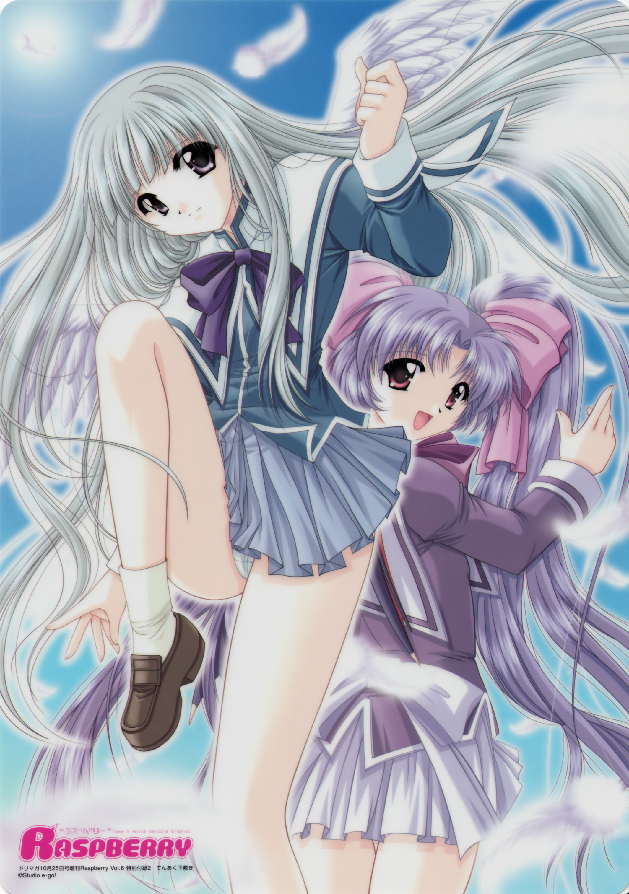 tenaku, yamamoto kazue, melty (tenaku angel and devil), milly (tenaku angel and devil), tenaku angel and devil, silver hair, absurdres, highres, 2girls, angel wings, bow, feathers, hair bow, long hair, multiple girls, panties, purple eyes, purple hair, school uniform, skirt, socks, twintails, underwear, white panties, wings