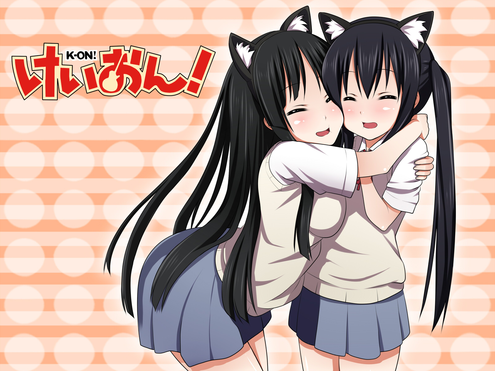 aoinagi, akiyama mio, nakano azusa, k-on!, highres, 00s, 2girls, animal ears, black hair, cat ears, cheek-to-cheek, closed eyes, heads together, hug, long hair, multiple girls, school uniform, twintails