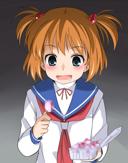 youkan, kataoka yuuki, saki (manga), 00s, 1girl, brown hair, castration, censored, censored food, fake censor, female focus, food, hair bobbles, hair ornament, saliva, school uniform, serafuku, severed testicles, short twintails, simple background, solo, testicles, twintails, two side up