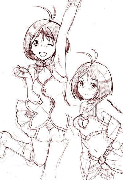 nekomata naomi, hidaka ai, idolmaster, 00s, 1girl, ;d, antenna hair, arm up, armpits, cool & sexy (idolmaster), cute & girly (idolmaster), midriff, monochrome, navel, one eye closed, open mouth, purple theme, sketch, smile, standing, standing on one leg
