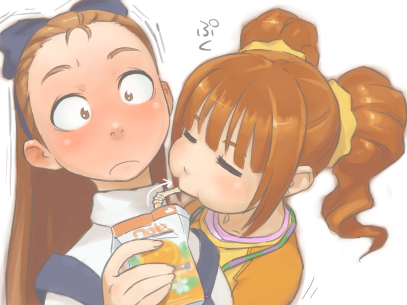 ebinera, minase iori, takatsuki yayoi, idolmaster, idolmaster (classic), 00s, 2girls, :>=, arrow (symbol), blush, brown hair, closed eyes, female focus, hair held back, hairband, indirect kiss, juice, long hair, multiple girls, puffy cheeks, raglan sleeves, simple background, surprised, twintails