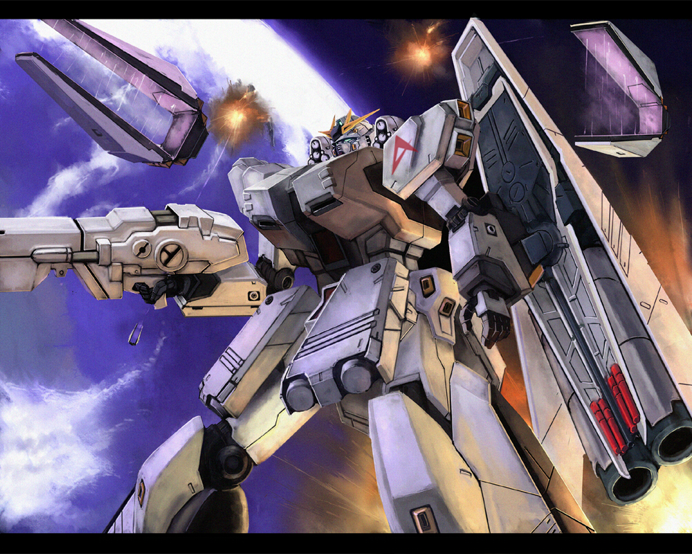 ra (pixiv120326), nu gundam, nu gundam hws, char's counterattack, gundam, gundam msv, battle, beam rifle, earth (planet), energy gun, explosion, fin funnel, fin funnels, gun, mecha, no humans, planet, robot, shield, solo, space, weapon