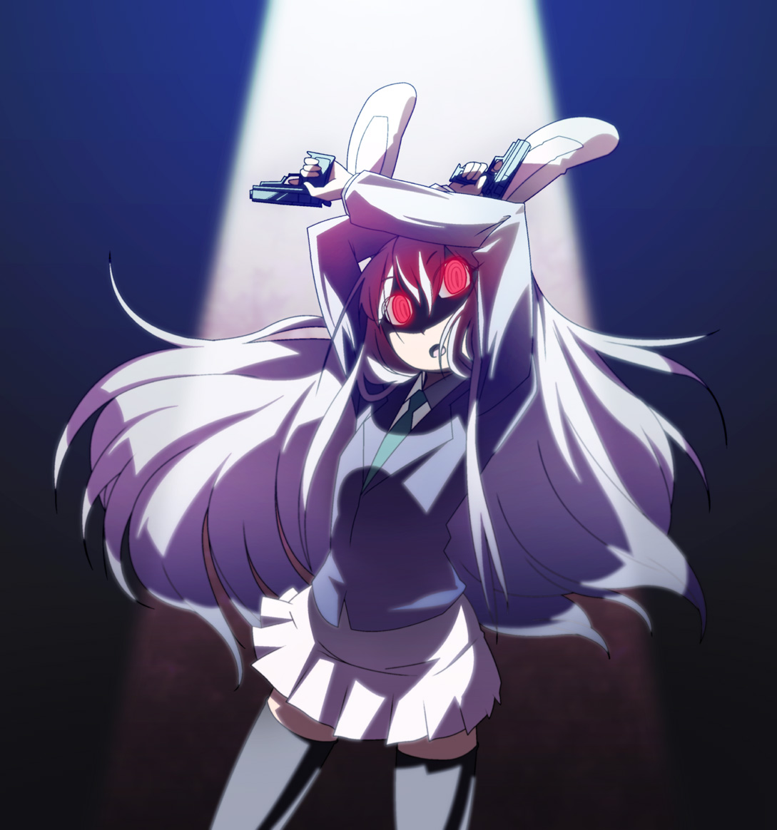 shokkin, reisen udongein inaba, touhou, light, 1girl, @ @, animal ears, blazer, dual wielding, female focus, formal clothes, glowing, glowing eyes, gun, handgun, hands on own hips, holding, jacket, pistol, rabbit ears, solo, spotlight, standing, suit, thighhighs, weapon