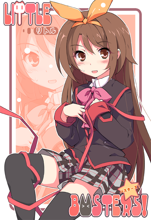 ideolo, naoe riki, little busters!, 1boy, brown eyes, brown hair, crossdressing, crossdressing (mtf), long hair, male focus, plaid clothes, plaid skirt, school uniform, skirt, solo, thighhighs, trap
