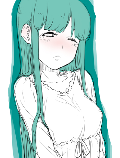 aoki shin, original, tagme, long hair, one eye closed, sketch, solo, wink