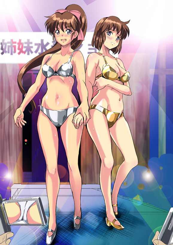 kou (rall2), amatsu ai, amatsu mai, twin angels, 2girls, bikini, blush, bow, breasts, brown hair, camera, catwalk (modeling), cleavage, embarrassed, gold bikini, hair bow, high heels, holding hands, legs, long hair, looking at viewer, male hand, midriff, multiple girls, navel, open mouth, ponytail, purple eyes, shoes, short hair, siblings, silver bikini, sisters, standing, stripper, sweat, swimsuit, thighs, tongue, twins, viewfinder