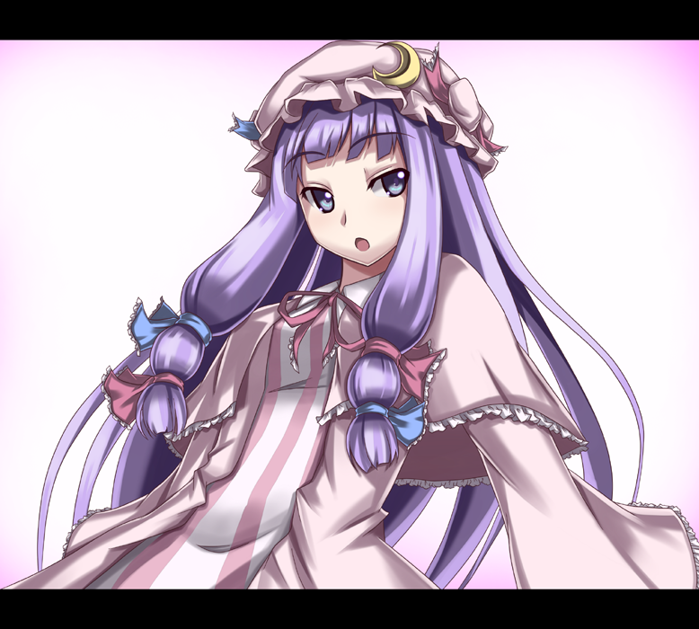 akiyasu, patchouli knowledge, touhou, striped, 1girl, bow, capelet, crescent, crescent moon, female focus, hair bow, hat, letterboxed, moon, multiple hair bows, neck ribbon, open mouth, pink bow, purple eyes, purple hair, ribbon, solo, tsurime