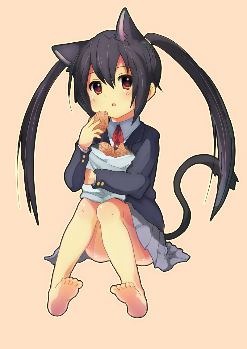 gum (vivid garden), nakano azusa, k-on!, bad id, bad pixiv id, 00s, 1girl, animal ears, bag, barefoot, black hair, brown eyes, cat ears, cat girl, cat tail, censored, convenient censoring, convenient leg, feet, female focus, food, full body, long hair, paper bag, school uniform, simple background, solo, tail, taiyaki, twintails, wagashi