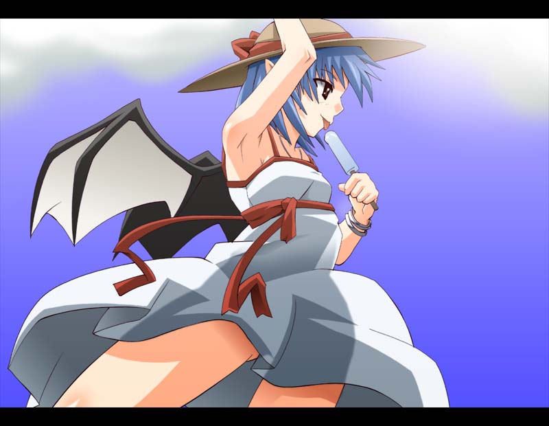 shin'ya (nanp), remilia scarlet, touhou, 1girl, bat wings, blue hair, female focus, food, hat, letterboxed, pointy ears, popsicle, red eyes, solo, vampire, wings